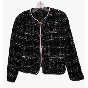 Y2K Hancy French Style Tweed Blazer Sz L Black Boucle Jacket Medussa Lion Button